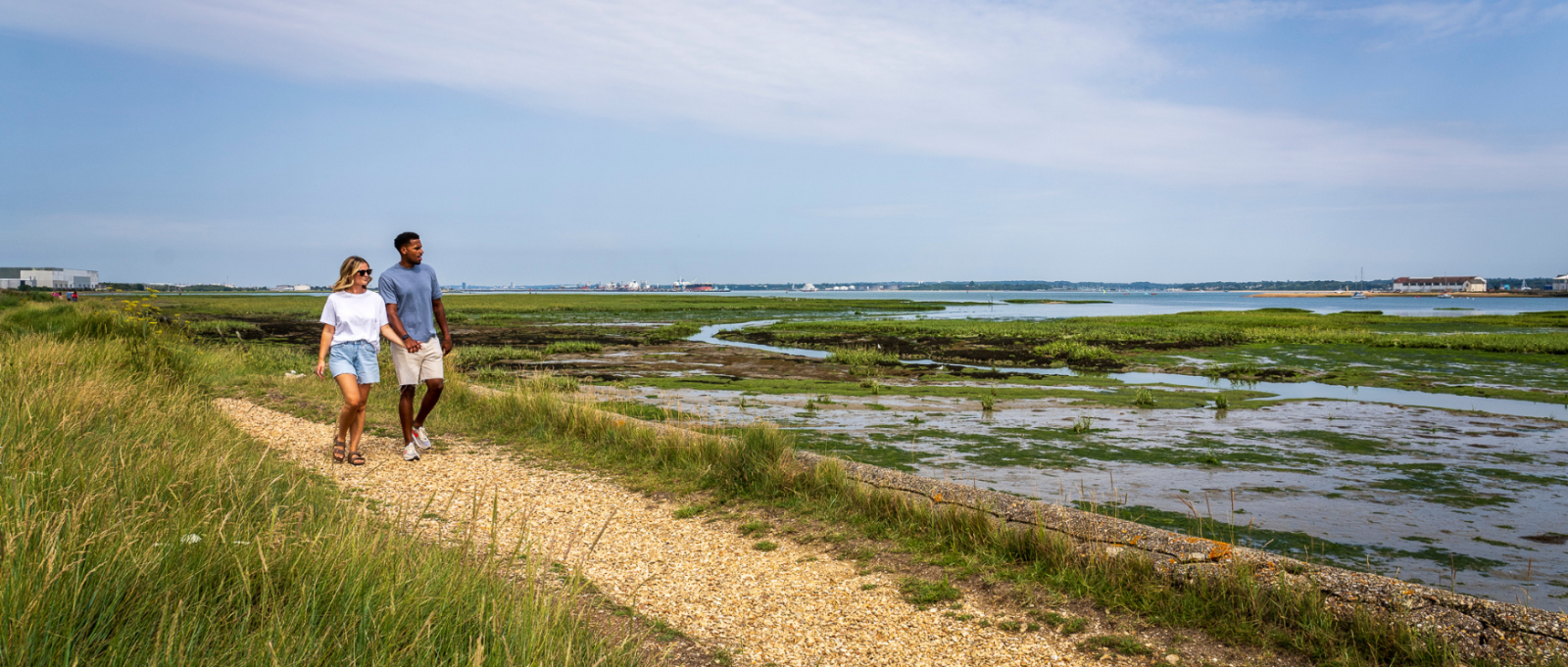 A couple walk along a footpath at Calshot